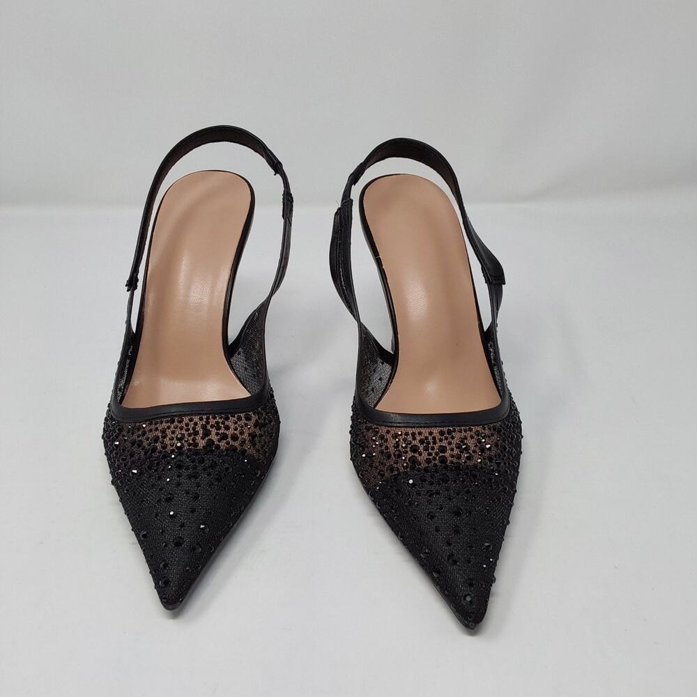 Women’s Black Rhinestone Mesh Slingback Stiletto Heels Pointed Toe Pumps Size 6 - Picture 2 of 16